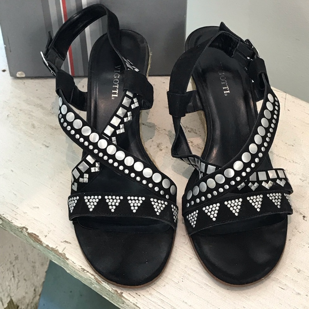 Vigotti Black Sueded Wedges w/ Studs